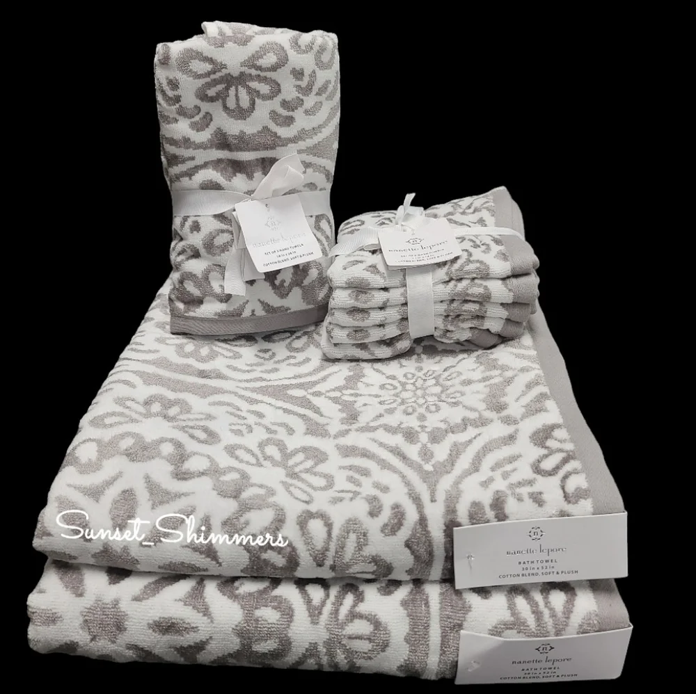 9pc Nanette Lapore Christmas Snowflake Damask Bath Hand Washcloth Towel Set New